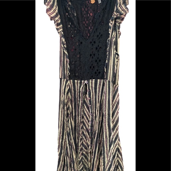 Free People One Caraway Stripe Maxi Dress Black Purple Cream Eyelet Lace Size M - Picture 9 of 16